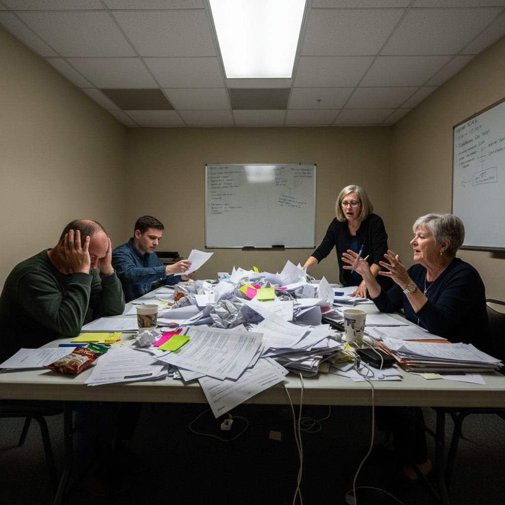 Overwhelmed condo board volunteers surrounded by piles of paperwork, indicating the need for professional management.