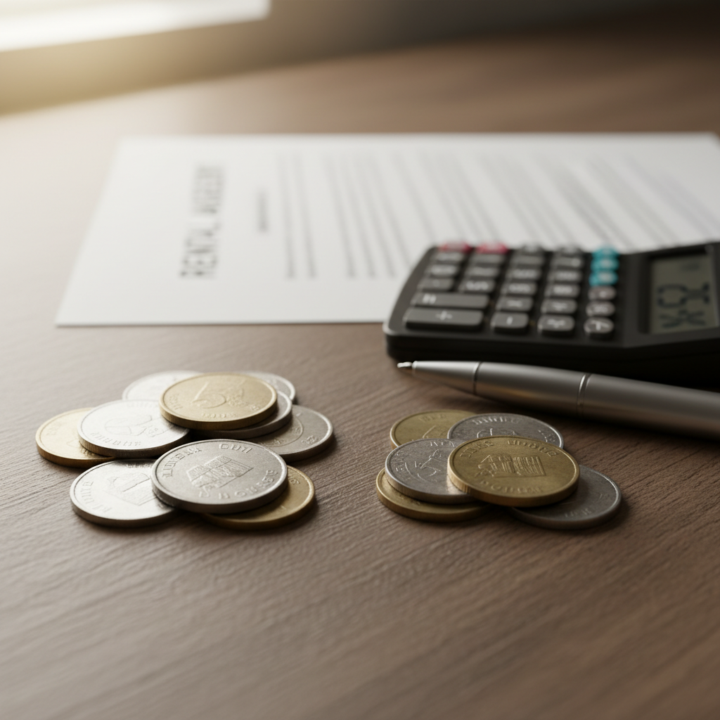 Percentage-Based Property Management Fees Close-up of coins being split into a larger and smaller pile, representing a percentage-based property management fee.