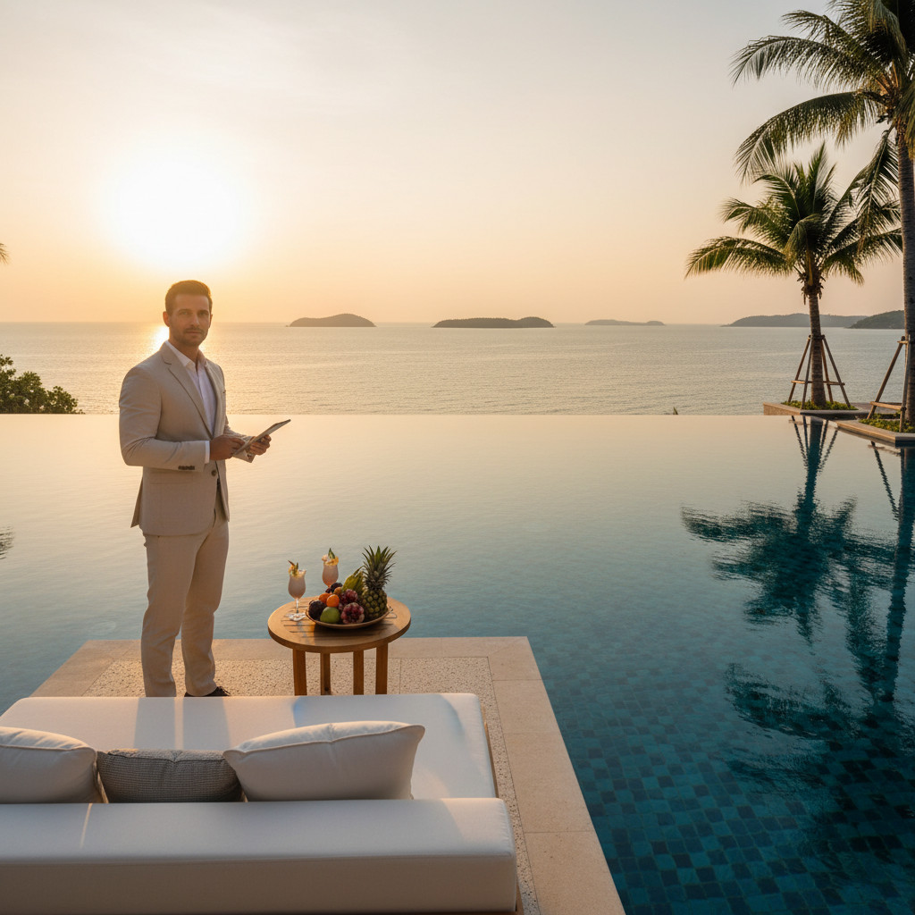 A property manager with a tablet overseeing a luxury infinity pool villa in Phuket at sunset, representing professional property management.