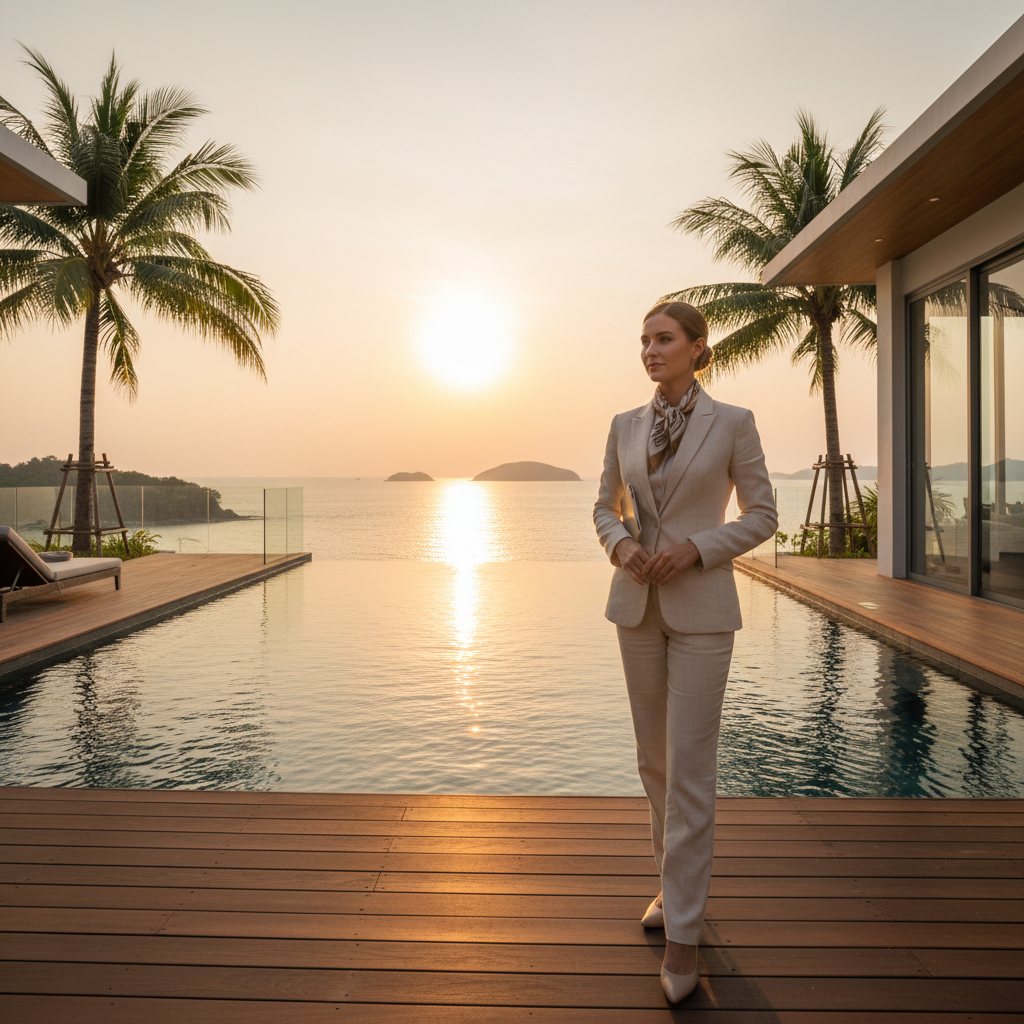 A professional villa manager overlooking a luxury infinity pool and the sea at a Phuket villa during sunset, representing expert villa management.