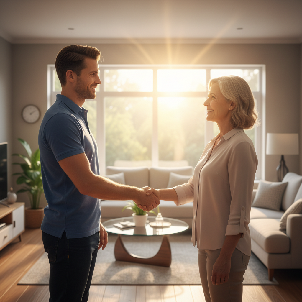 A professional Airbnb property manager shakes hands with a happy homeowner inside a beautiful rental home.