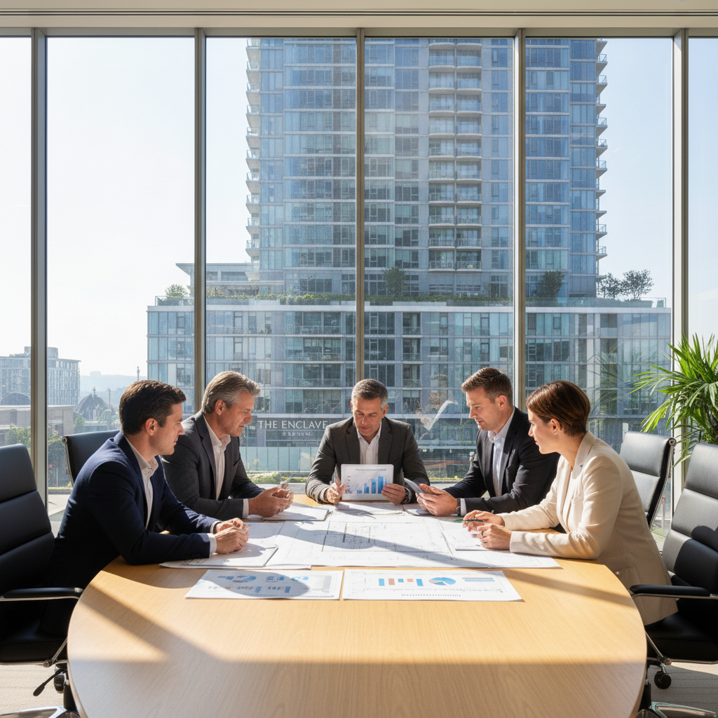 A diverse condo board meeting in a modern office overlooking their condominium building, discussing management plans.