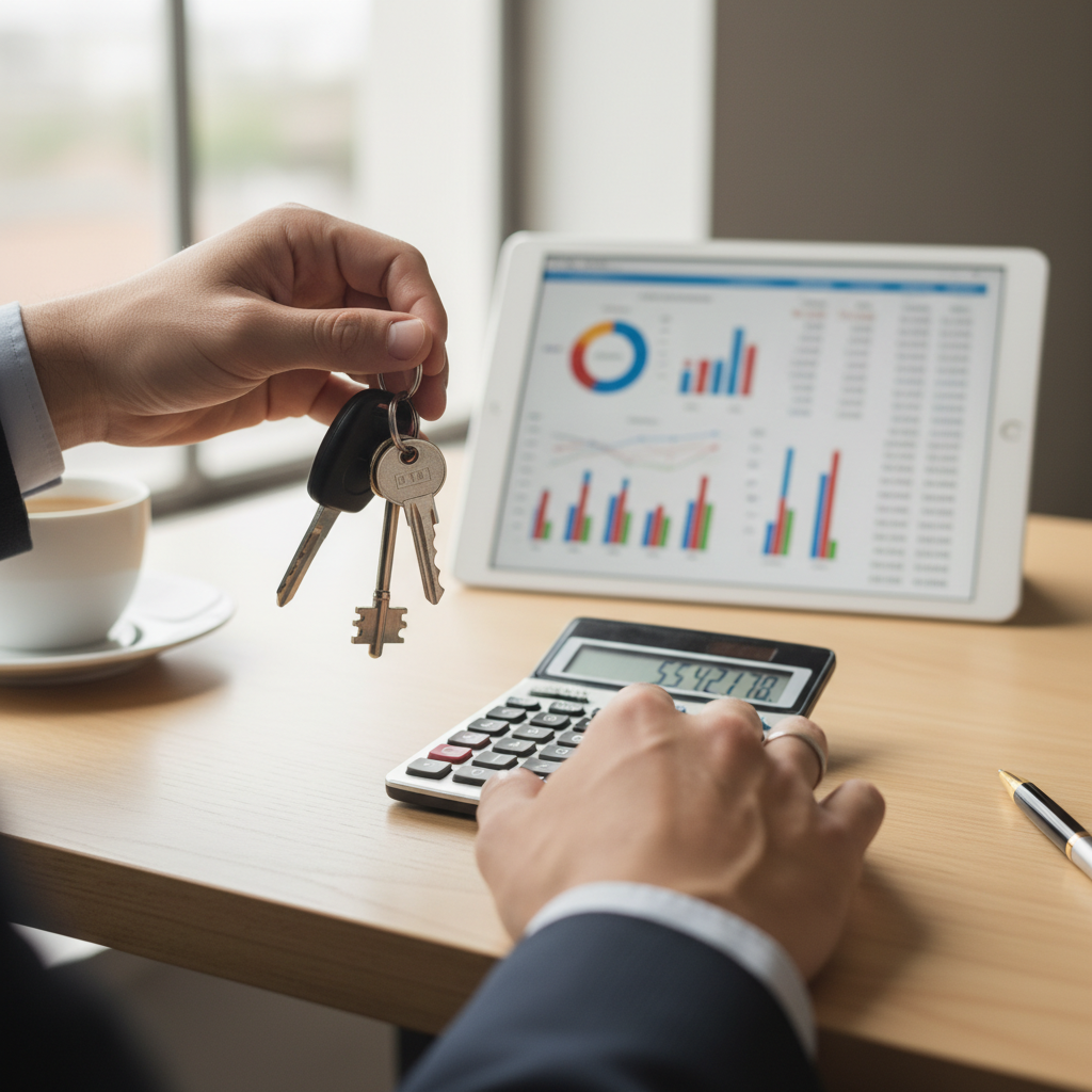 A person's hands holding house keys and using a calculator, with financial charts in the background, representing the costs of property management.