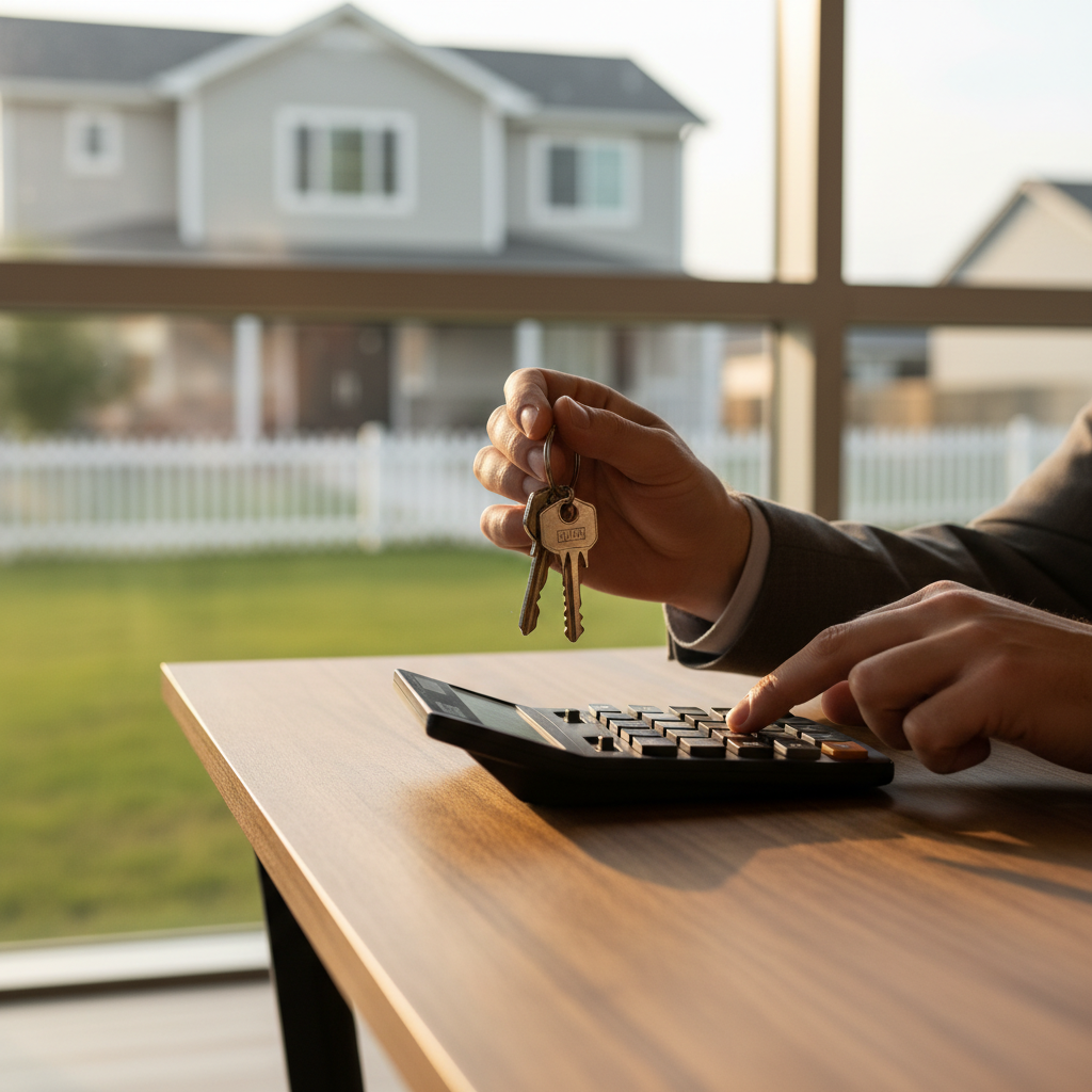 A property owner sits at a desk with a calculator and house keys, contemplating the cost of hiring a property manager.