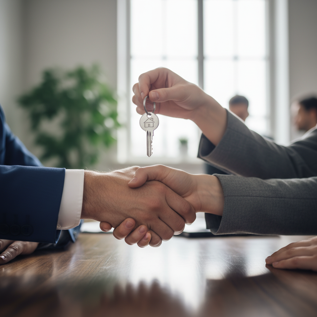 Property Management as a Smart Investment A close-up of a handshake between a landlord and a property manager as house keys are exchanged, symbolizing a worthwhile investment.