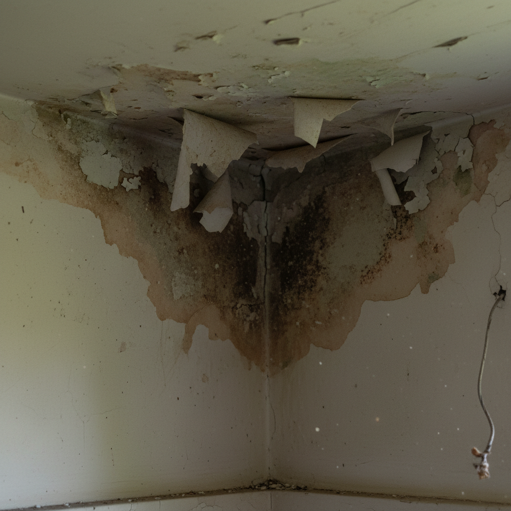 Warning Signs of a Bad Property Manager A close-up image of peeling paint and a water stain on a ceiling, representing a red flag and a warning sign of a bad property management company.