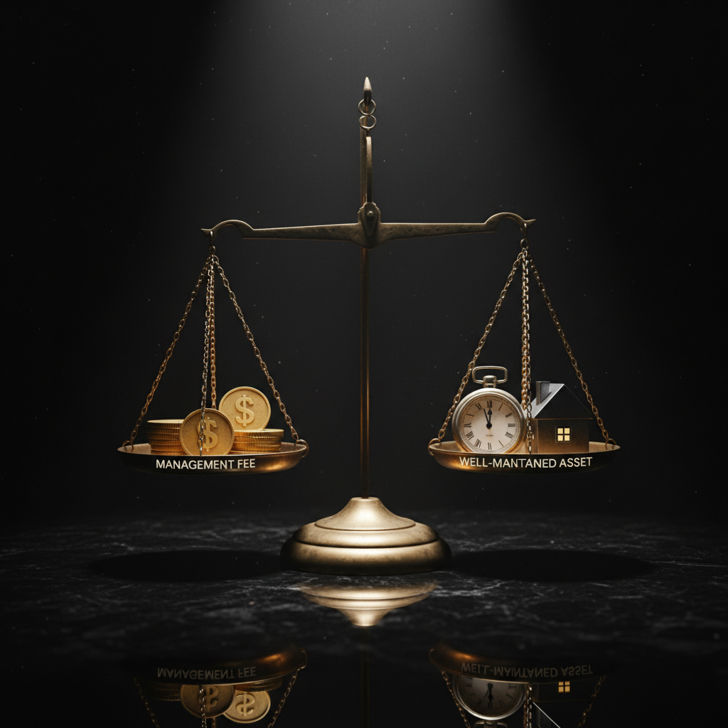 Return on Investment for Property Management Services A balance scale weighing a small stack of coins against icons for time and a protected asset, symbolizing the ROI of property management.