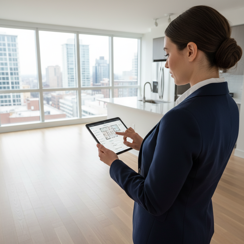 Core Services of Property Management A property manager uses a tablet to perform a detailed inspection of a clean, vacant apartment, showing the core services a company provides.