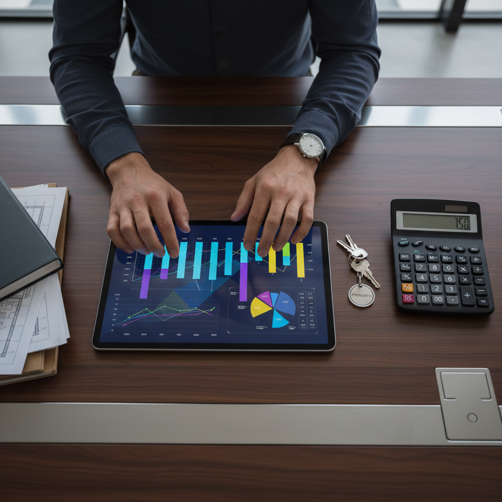 Property Manager Financial Architect Role A property manager's desk with a tablet showing financial charts, keys, and a calculator, illustrating the financial duties of the role.