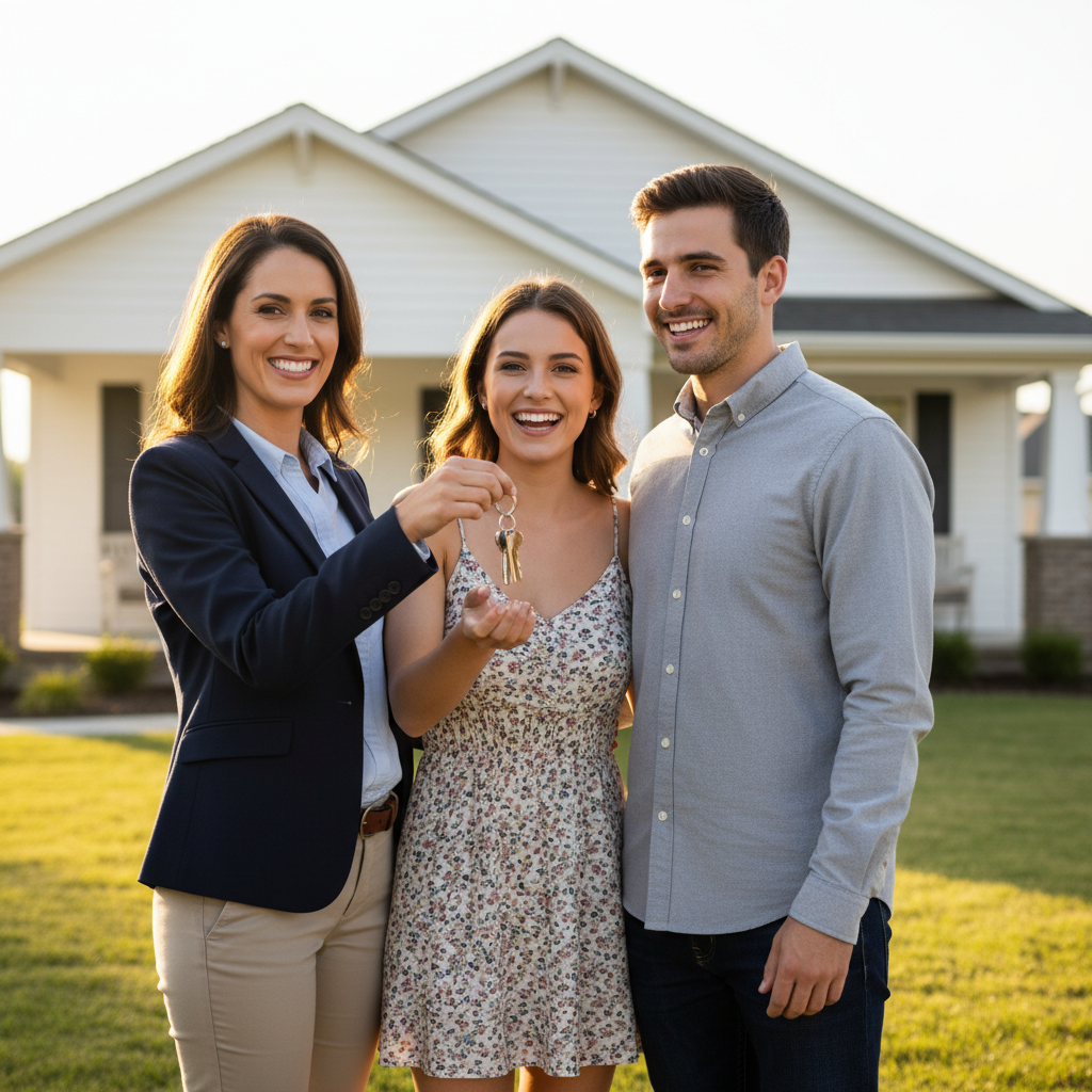 Property Manager Successfully Renting a Home A professional property manager hands keys to happy new tenants in front of a rental home, showing a positive investment outcome.