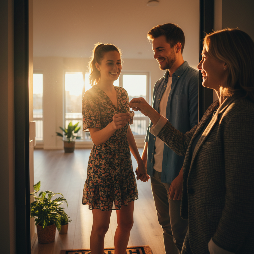 Property Manager Tenant Relations A property manager happily giving keys to new tenants at their apartment door, highlighting the human side of the job.