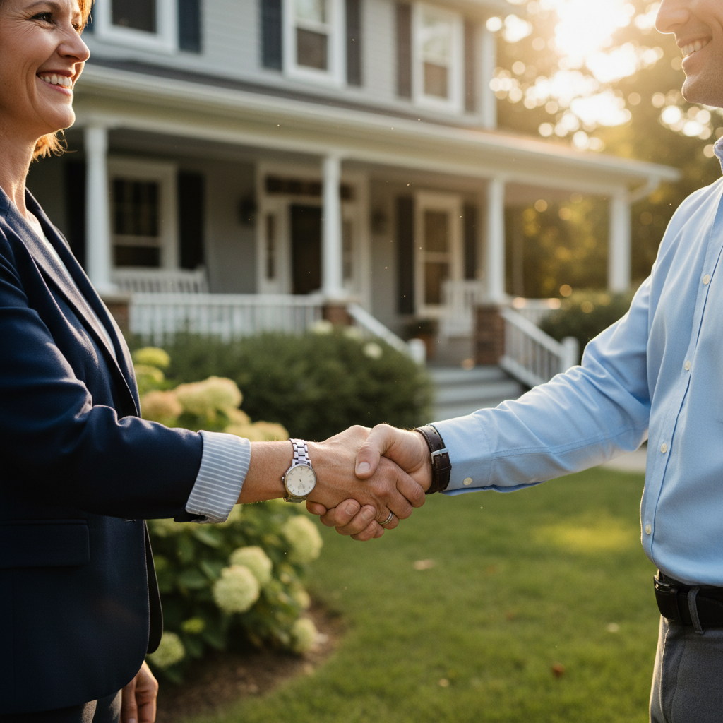 Choosing the Right Residential Property Manager A property owner and a residential property manager shake hands, symbolizing the act of choosing the right management partner.