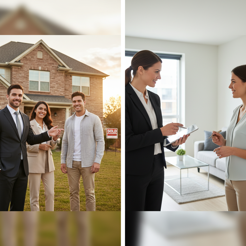 Key Players in Real Estate Investment A split image showing a real estate agent with a sold home and a property manager working with a tenant inside a rental property.