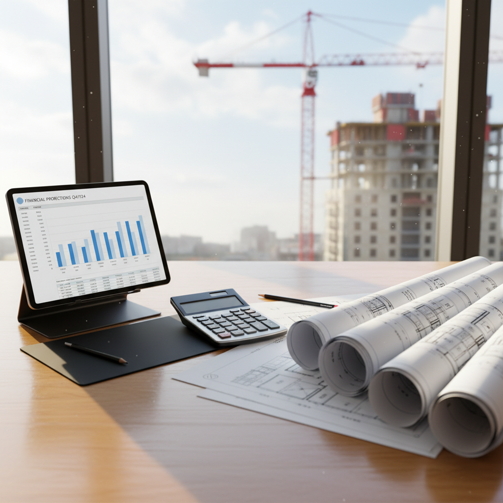 Real Estate Asset Lifecycle Planning Architectural blueprints and a tablet with financial data on a desk, representing the real estate asset lifecycle.