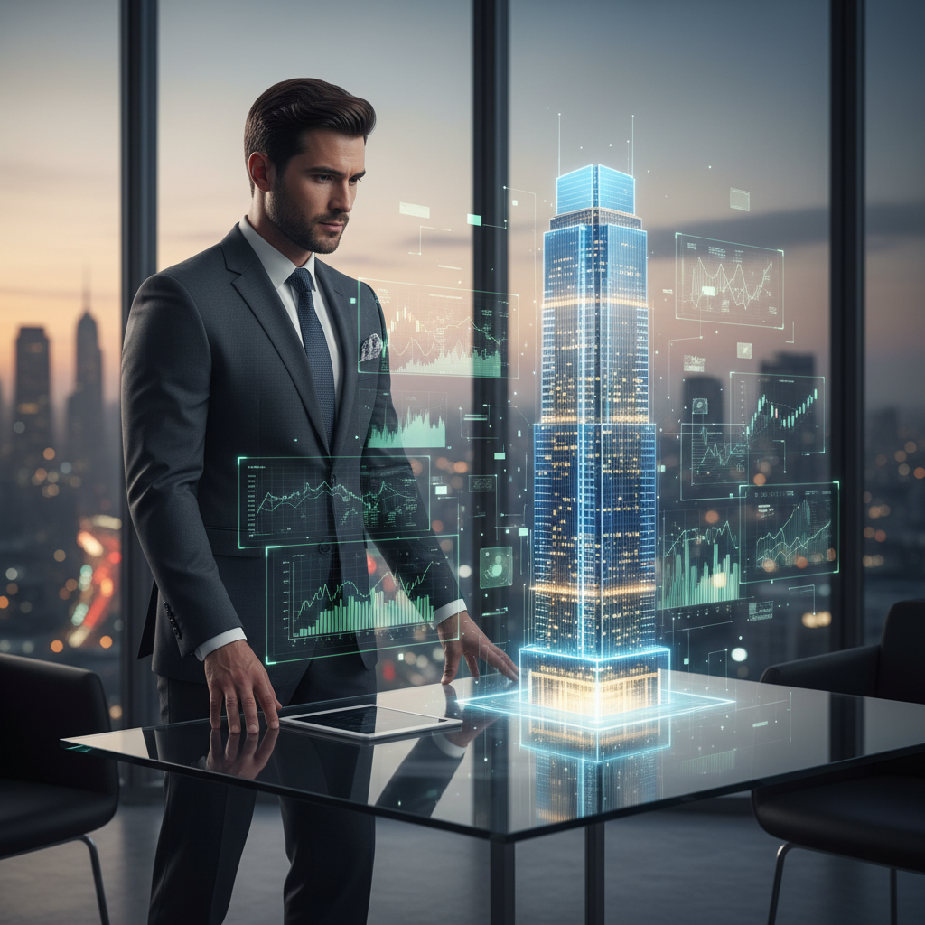 A real estate asset manager analyzing a holographic model of a building in a modern office, symbolizing wealth-building strategy.