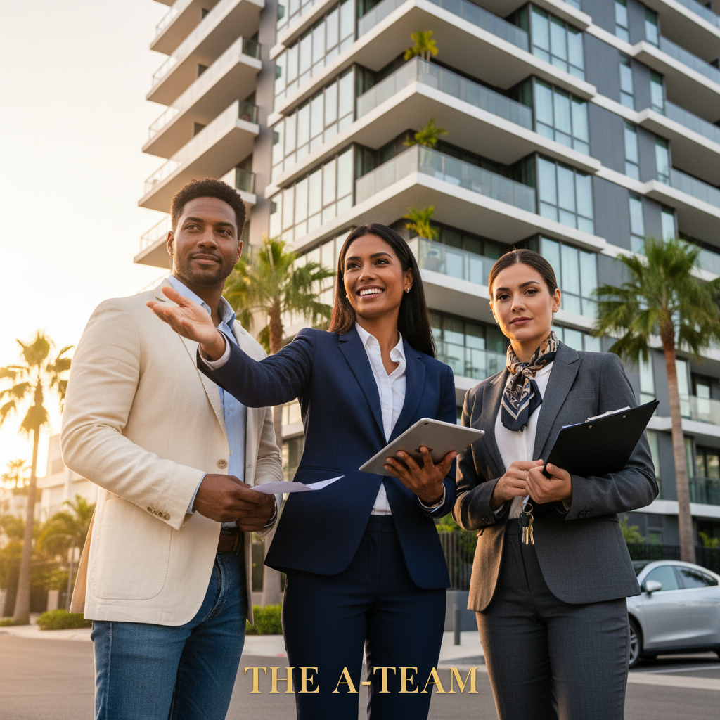 Building Your Real Estate Investment A-Team A team of three professionals—an investor, real estate agent, and property manager—standing confidently in front of an apartment building.
