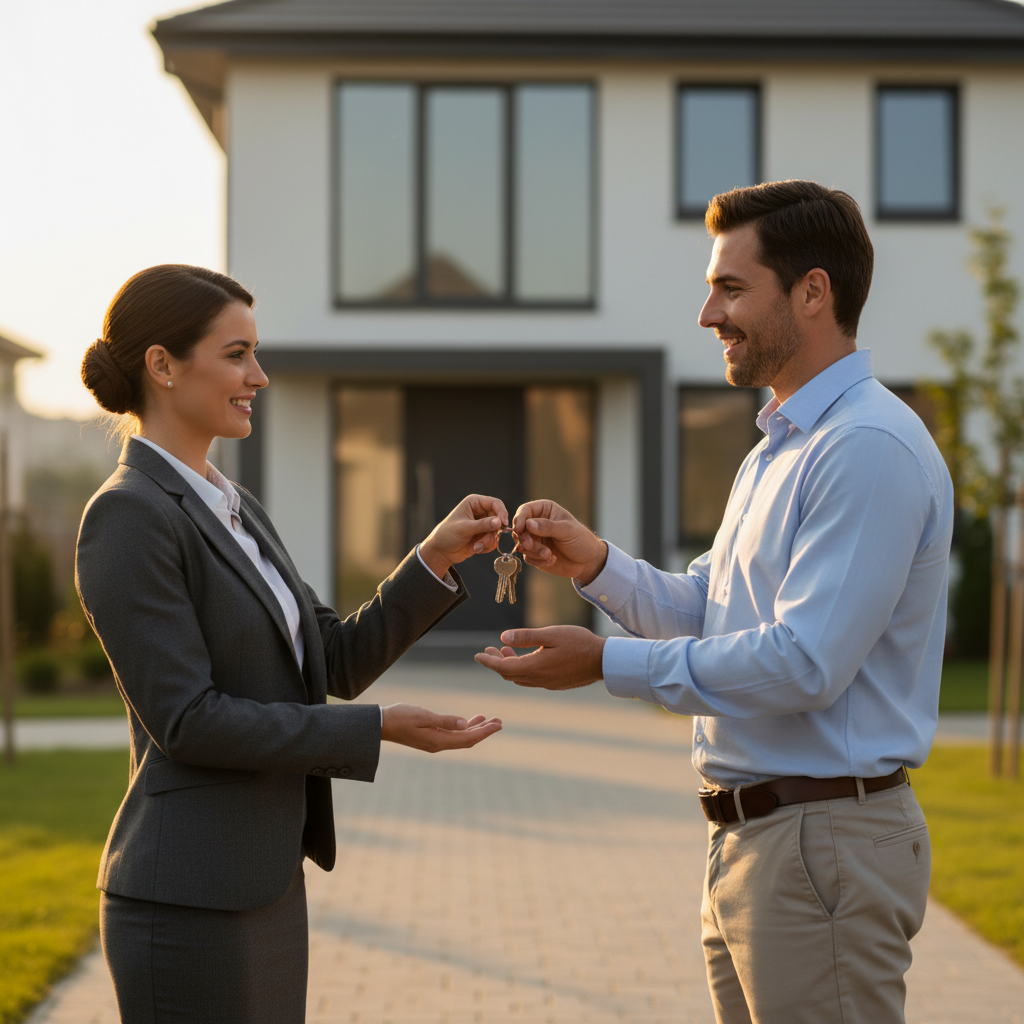 A professional real estate manager hands keys to a happy property owner in front of a modern home, symbolizing trust and successful management.