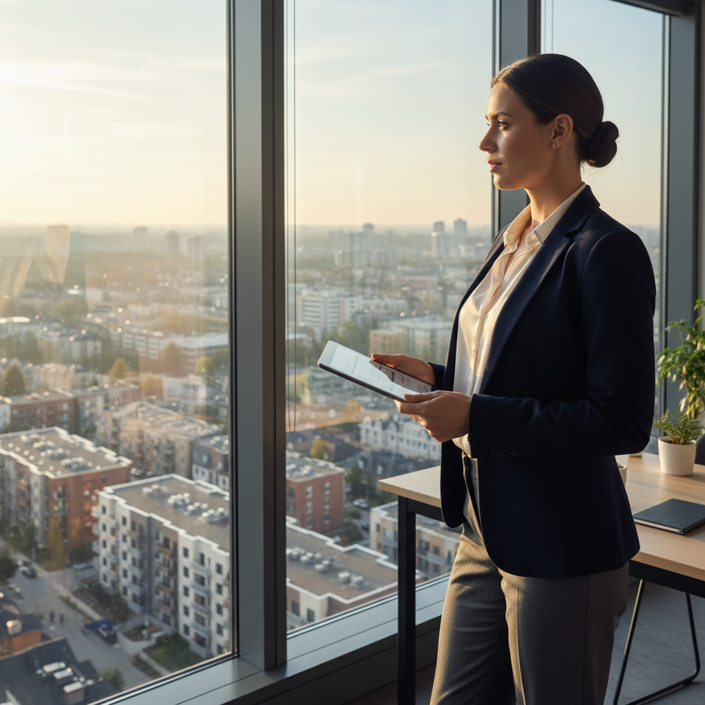 A professional property manager overlooking a city of rental properties from a modern office, representing successful real estate management.