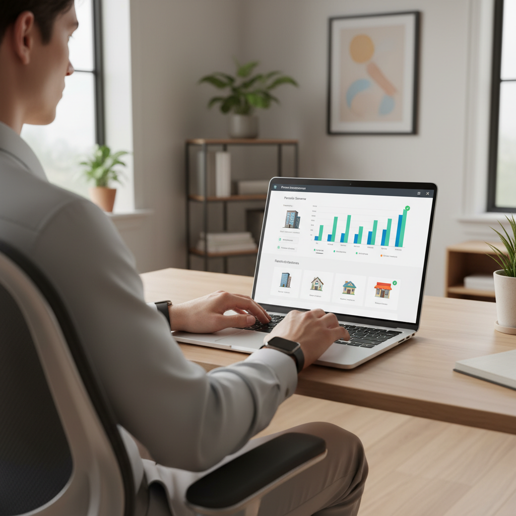 Modern Real Estate Management Technology A landlord uses a laptop with property management software to efficiently manage their rental properties from a home office.