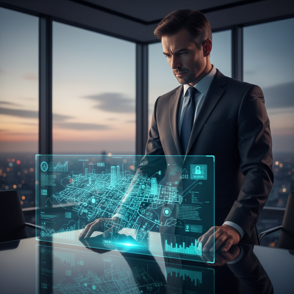 A real estate portfolio manager in a modern office looking at a holographic city map showing interconnected properties, symbolizing strategic asset management.