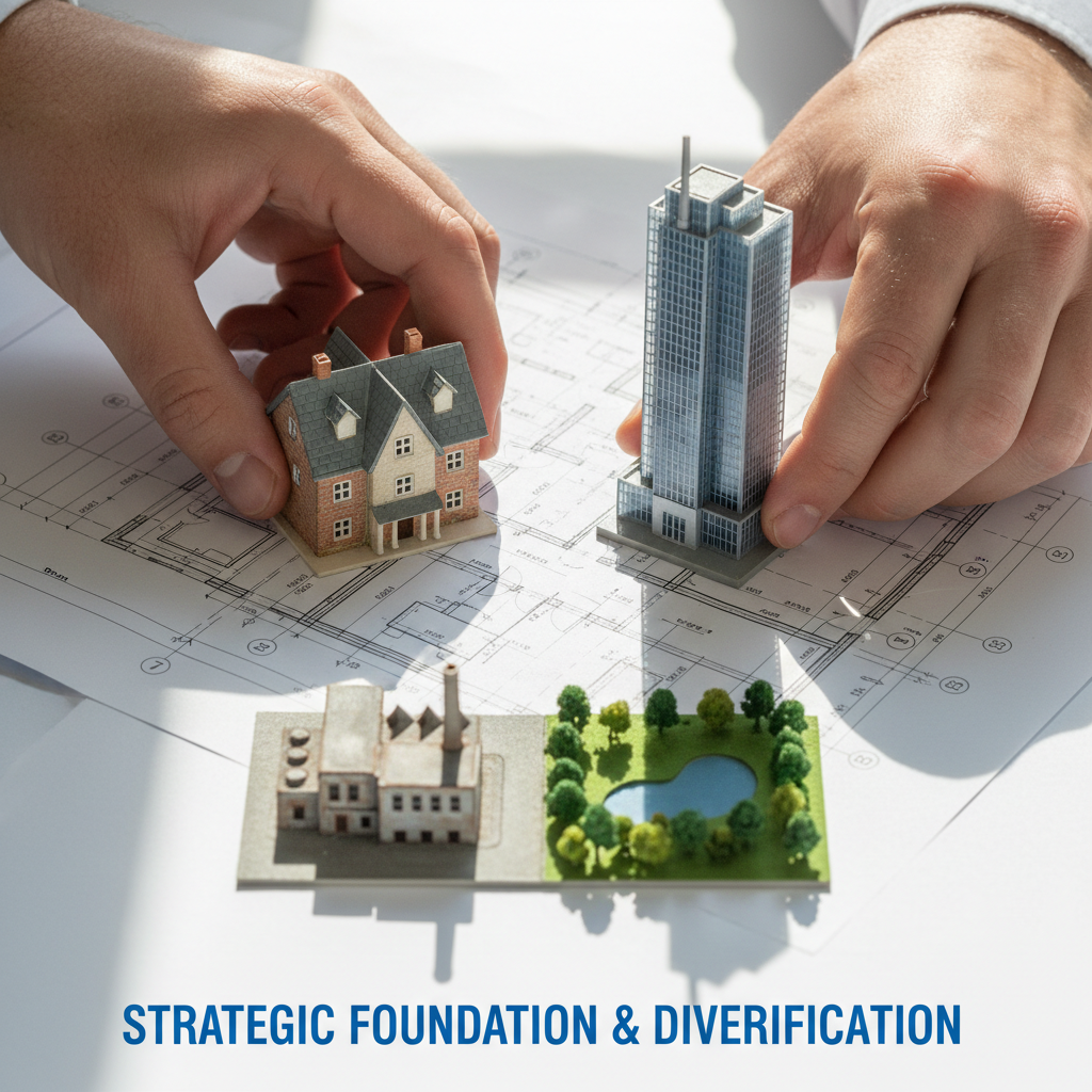 The Four Pillars of a High-Performing Real Estate Portfolio Hands arranging four different miniature building models on an architectural blueprint, representing the pillars of a diversified real estate portfolio.