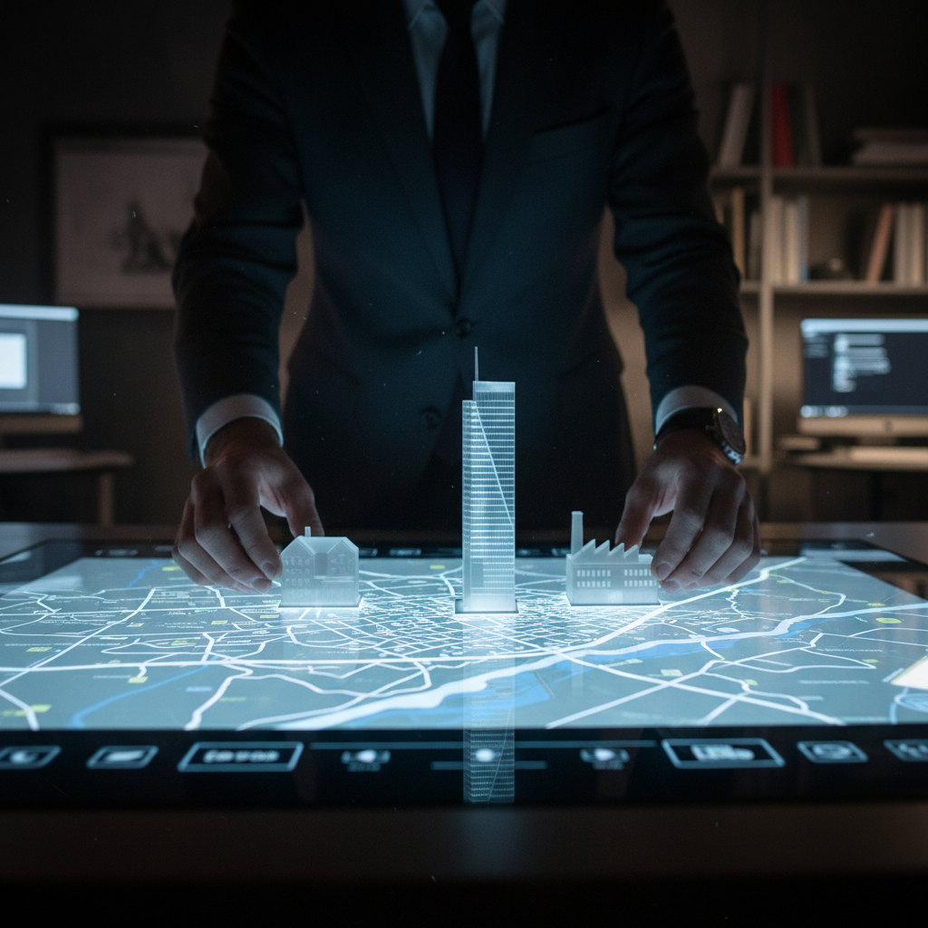 Real Estate Portfolio Strategist Hands strategically placing miniature building models on an illuminated city map, symbolizing portfolio strategy.
