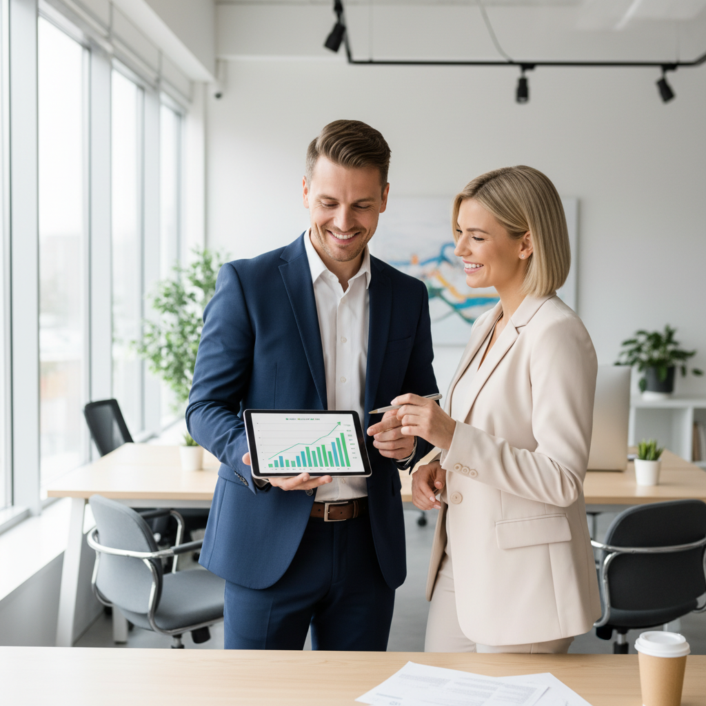Symbiotic Real Estate and Property Management Partnership A real estate agent and property manager analyzing positive growth charts together on a tablet in a modern office.