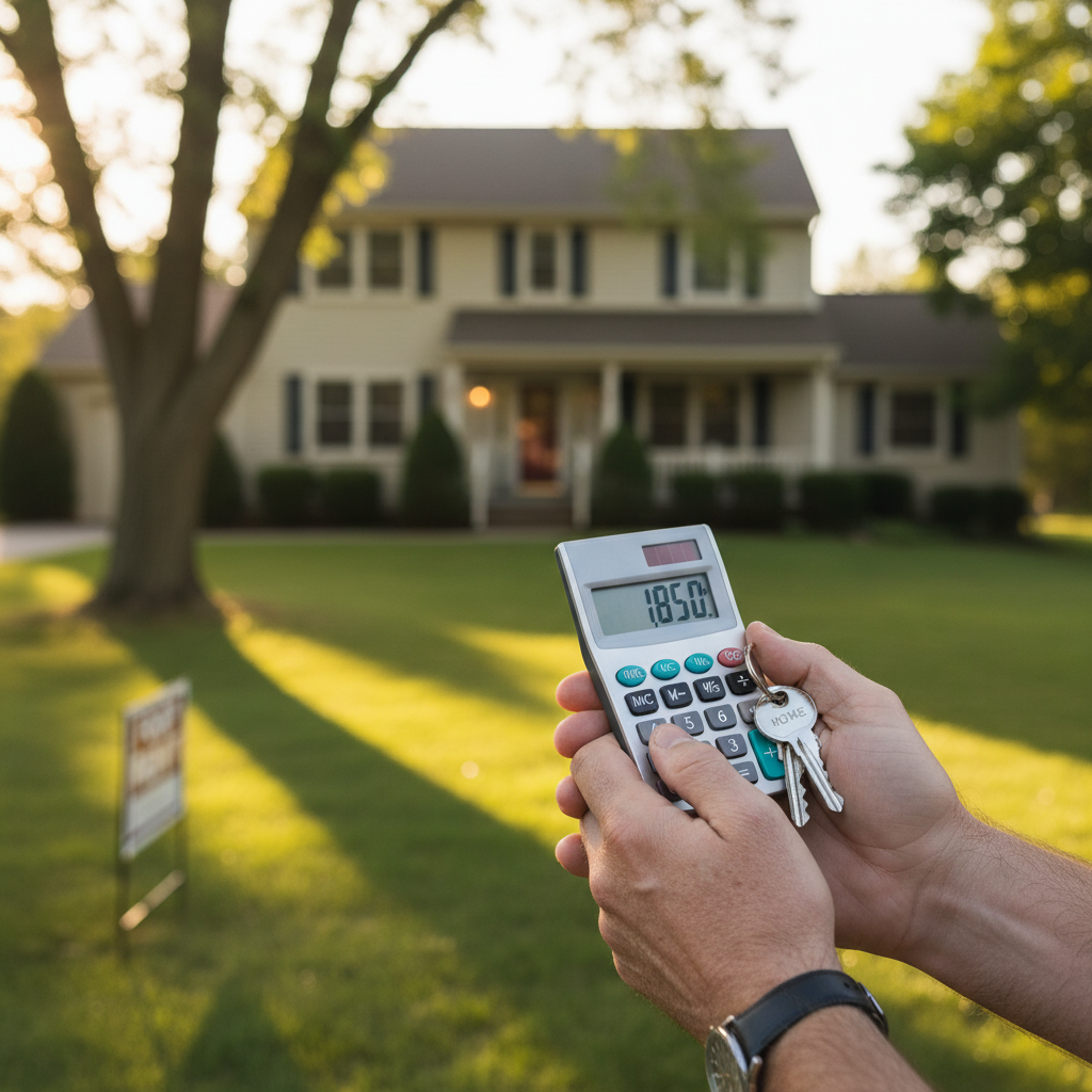 A close-up of hands holding house keys and a calculator, representing the financial decisions involved in paying for real estate rental management fees.