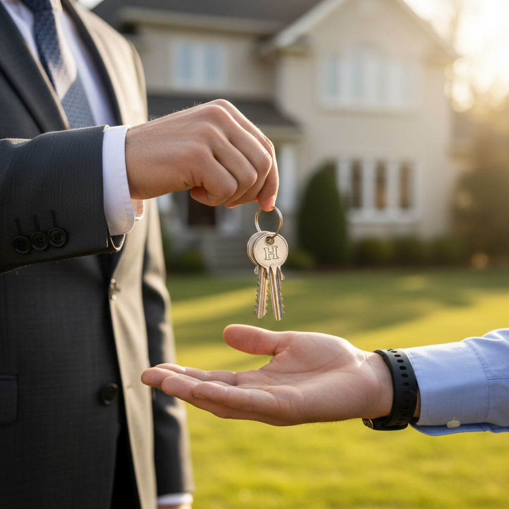 A close-up of two professional hands exchanging a set of house keys, representing the handoff from a real estate agent to a property manager.