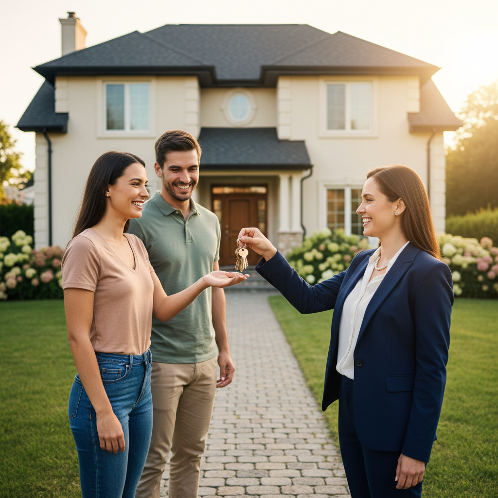 A professional property manager hands keys to a happy couple in front of a lovely rental home, representing successful residential property management.
