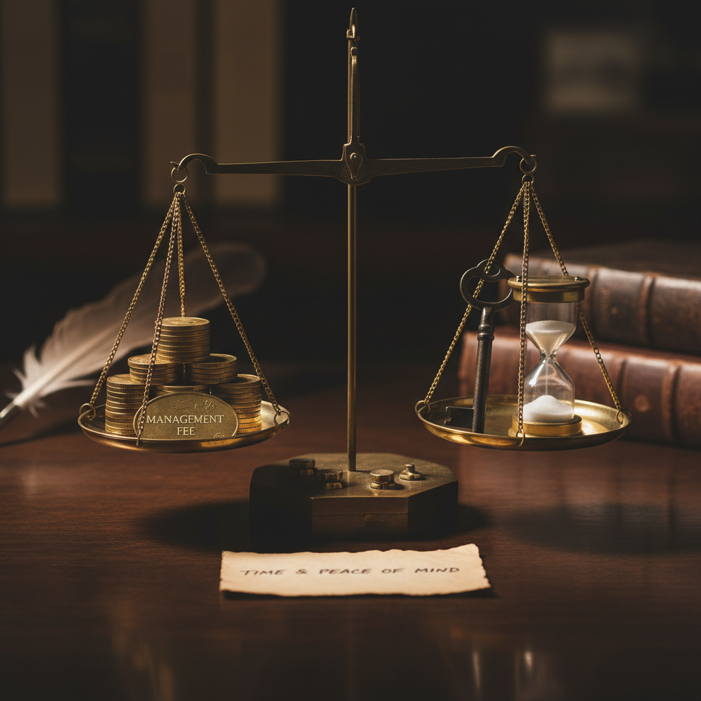 A balance scale weighs coins against a house key and an hourglass, symbolizing the positive return on investment from paying property management fees.