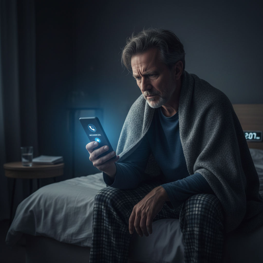 A stressed landlord looking at a ringing smartphone in a dark bedroom, representing a late-night property emergency.