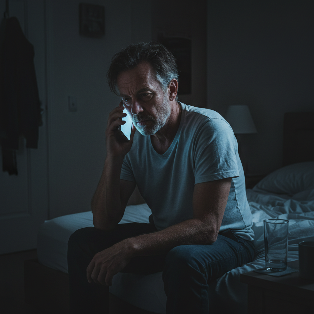 Stressed Landlord Answering Late-Night Emergency Call A stressed landlord takes an emergency phone call in the middle of the night, highlighting a major pain point of self-managing a property.