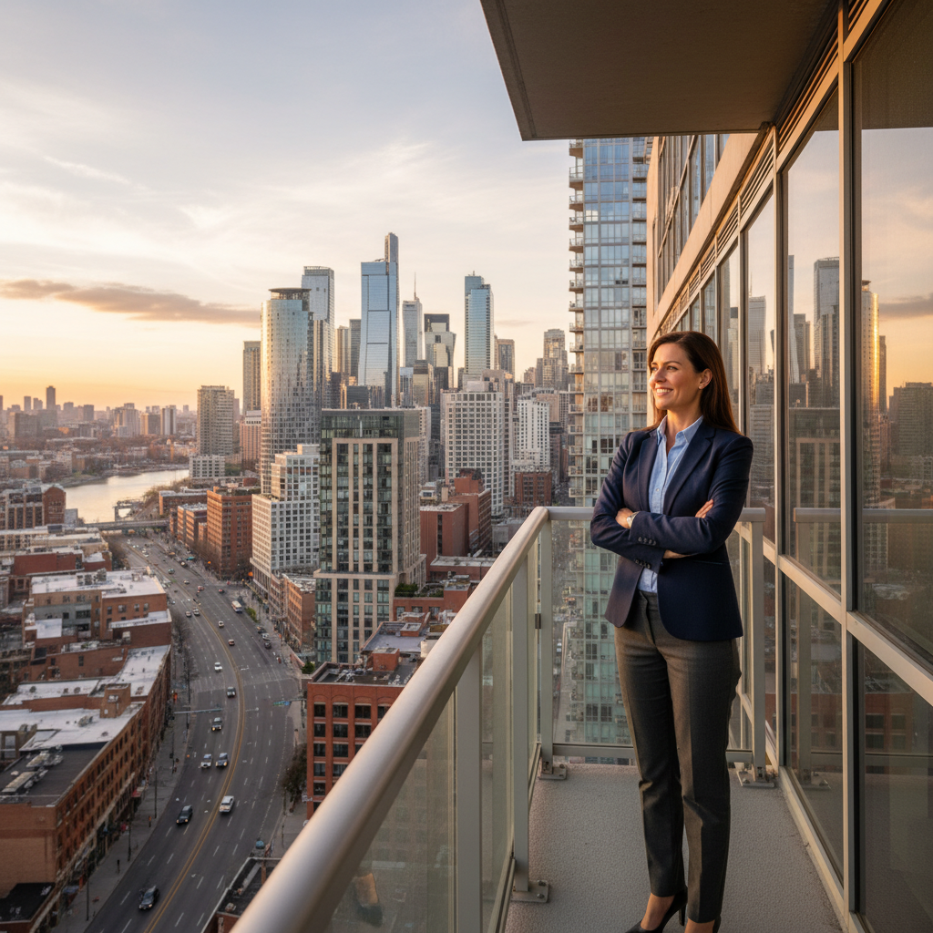 Property manager overlooking cityscape symbolizing success in property management
