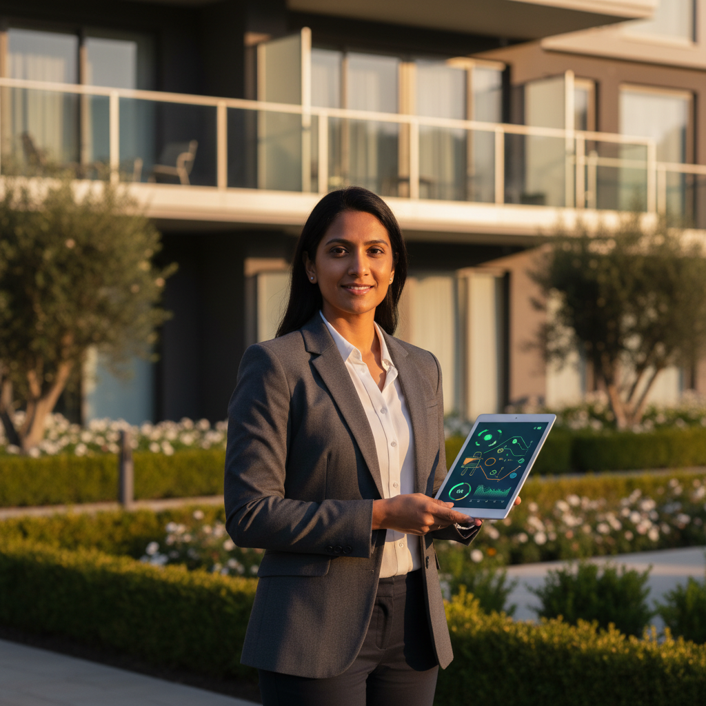 A successful property manager stands calmly before a modern apartment building, holding a tablet showing a clean dashboard, representing an efficient and successful business.