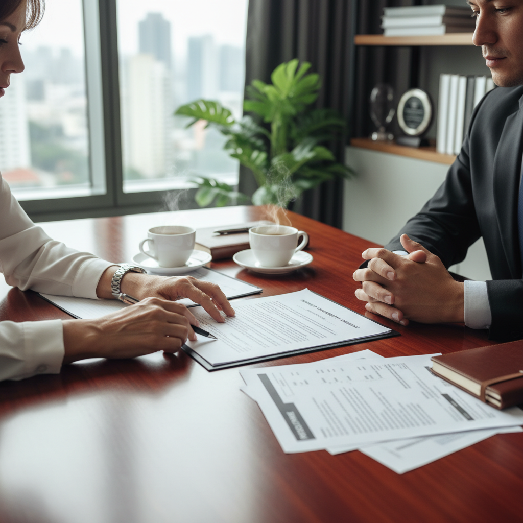 How to Vet a Property Management Company A property owner carefully reviews a contract with a potential property manager in a professional office setting during the vetting process.