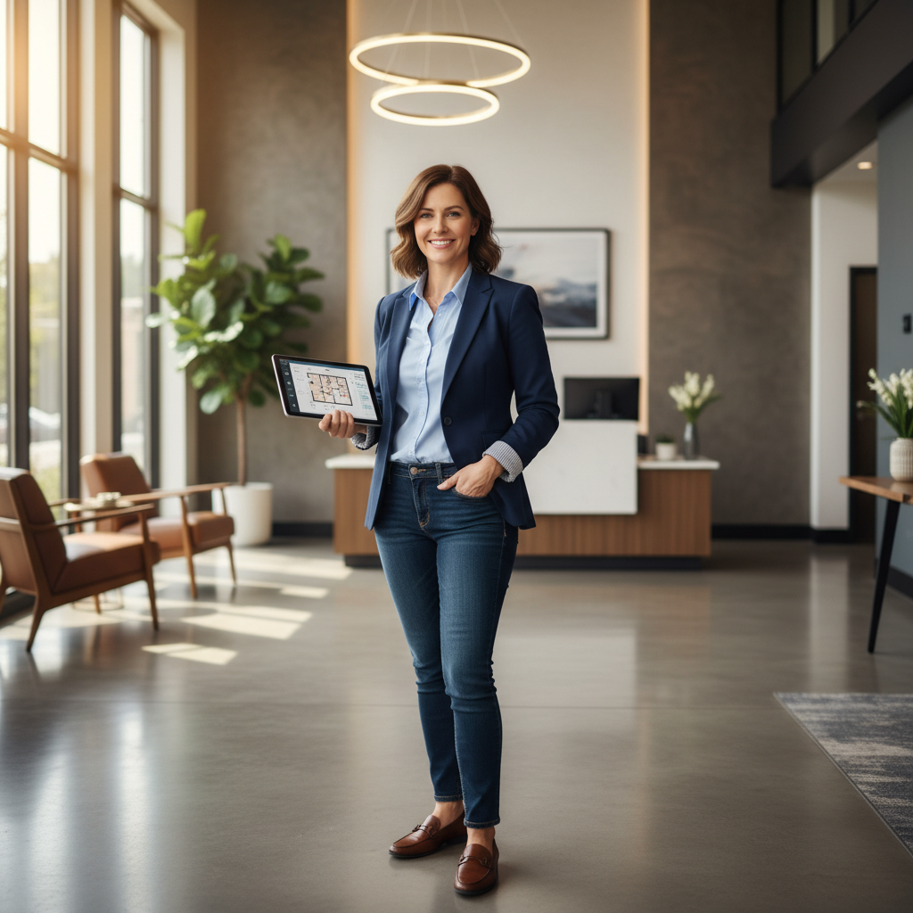 A professional property manager standing confidently in an apartment building lobby, representing the many roles of property management.